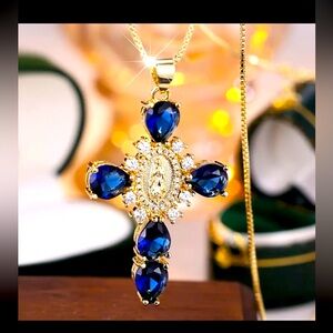 Virgin Mary Cross Pendant Necklace 18k Gold Diamond and Blue Sapphire Catholic